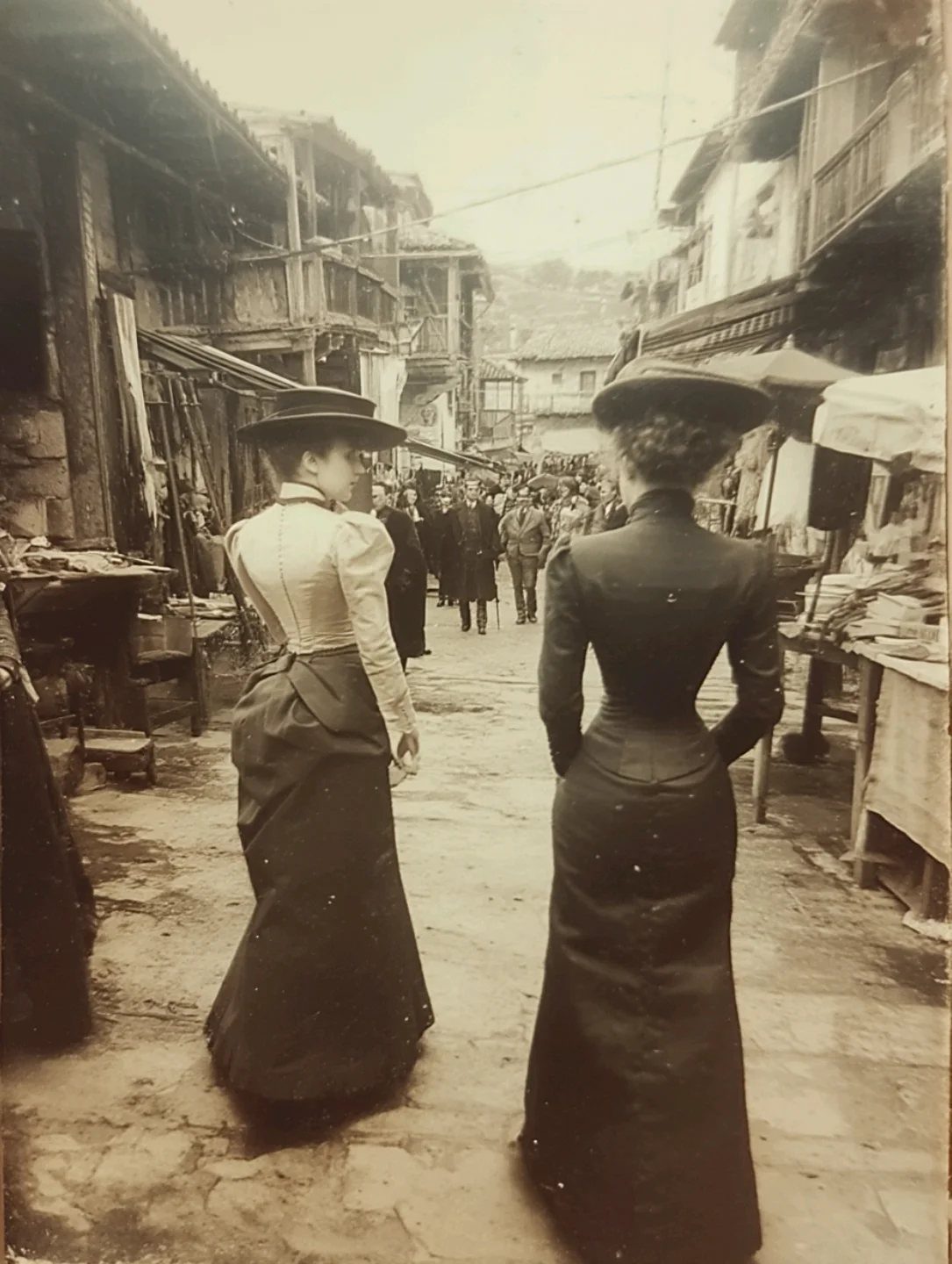 Two women in bustle skirts and hats walking through a historic market street.