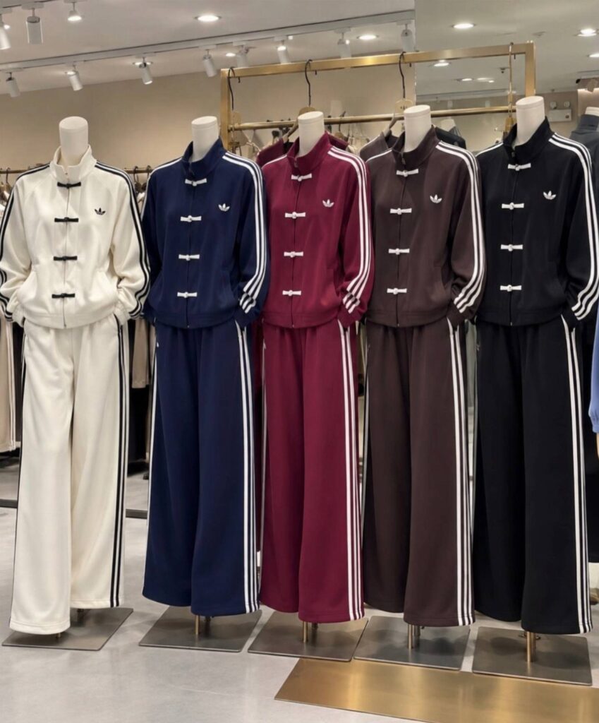 Adidas tracksuits with Chinese frog buttons displayed on mannequins in various colors.