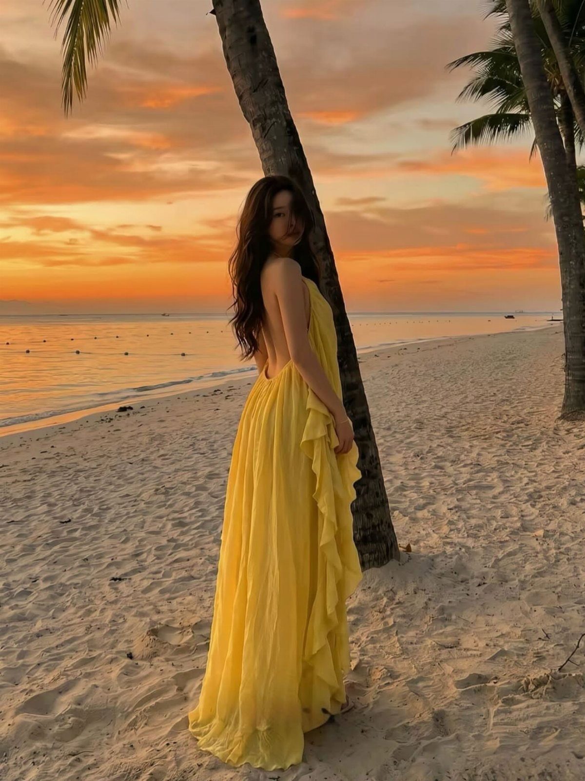 Woman in a long yellow flowing dress standing on a beach at sunset