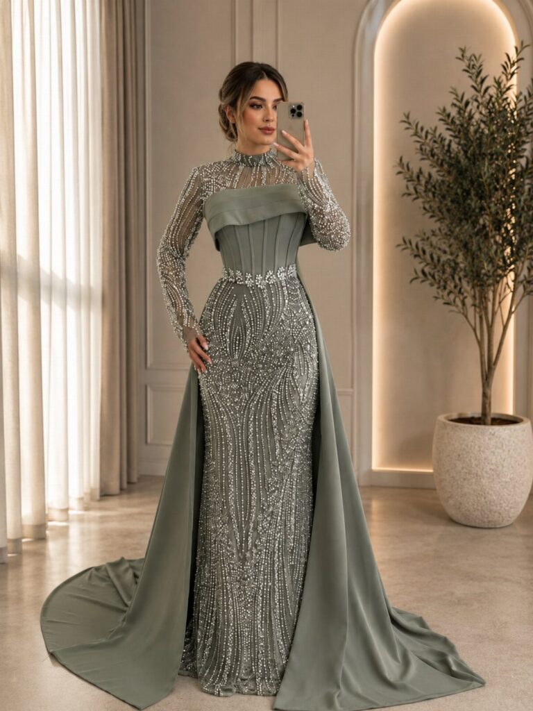Woman in a shimmering sage green beaded formal dress with a long train.