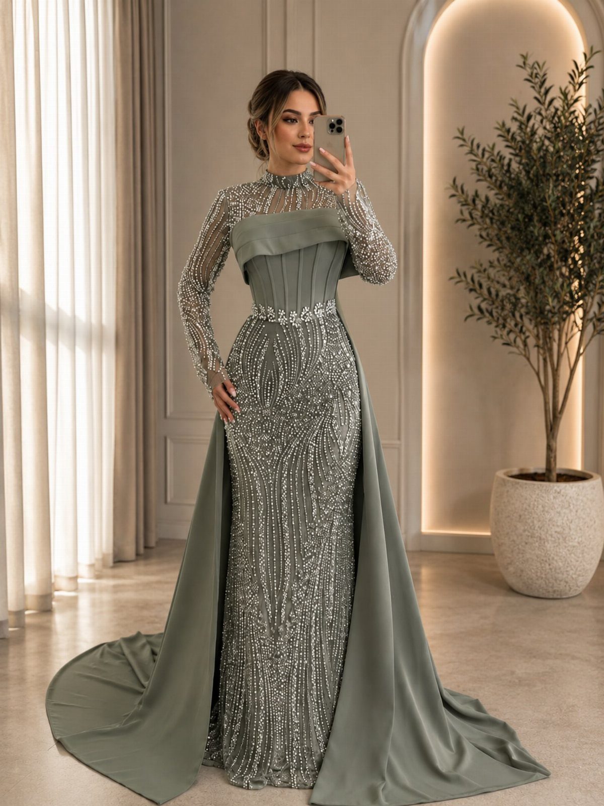 Woman in a shimmering sage green beaded formal dress with a long train.