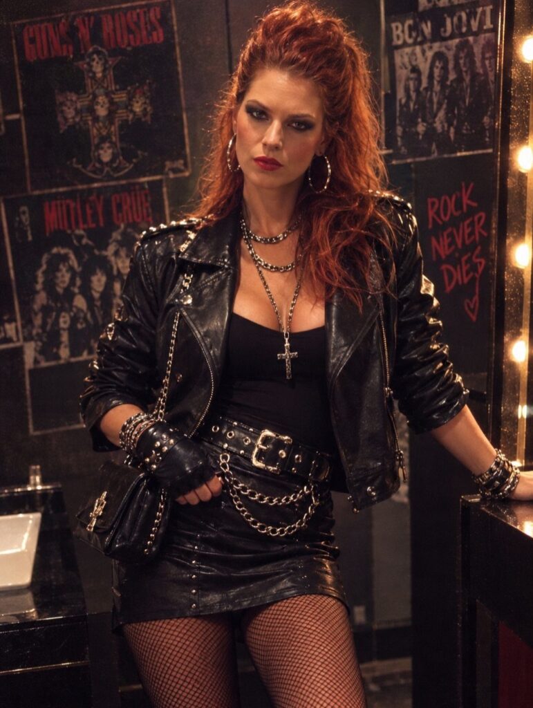 Woman with red hair wearing black leather jacket and skirt with rock accessories.