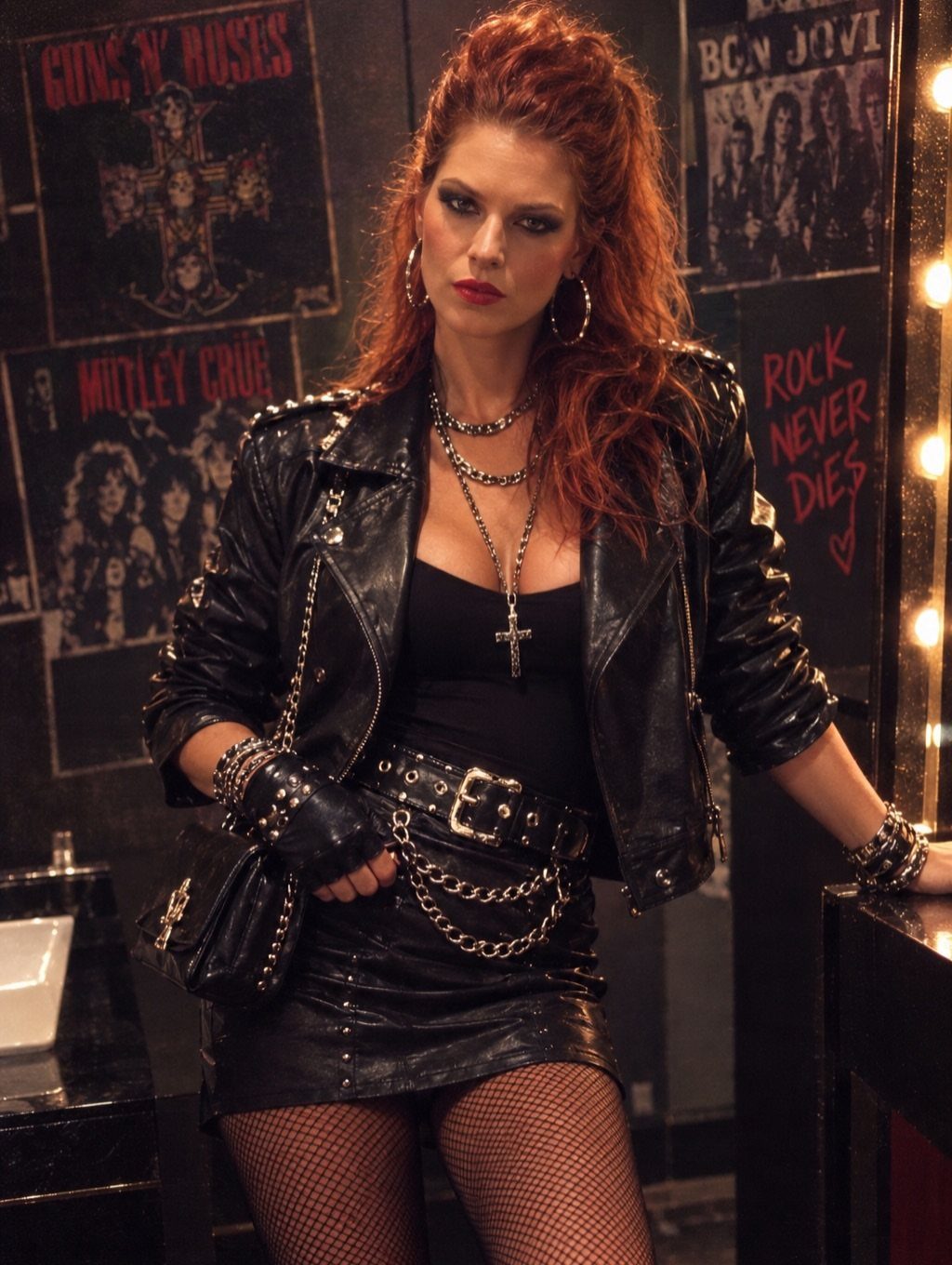 Woman with red hair wearing black leather jacket and skirt with rock accessories.