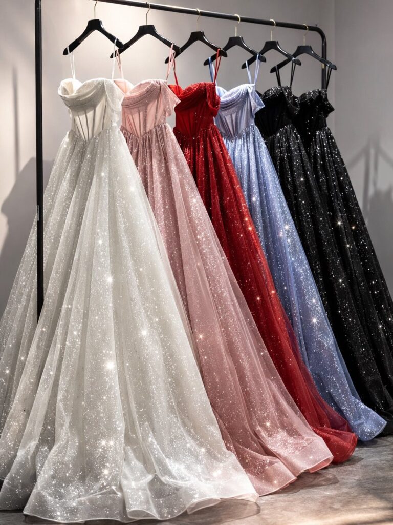 Five sparkling floor-length ball gowns in various colors hanging on a clothing rack.
