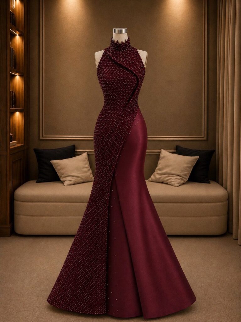Burgundy evening gown with beading and satin on a mannequin in a luxury room