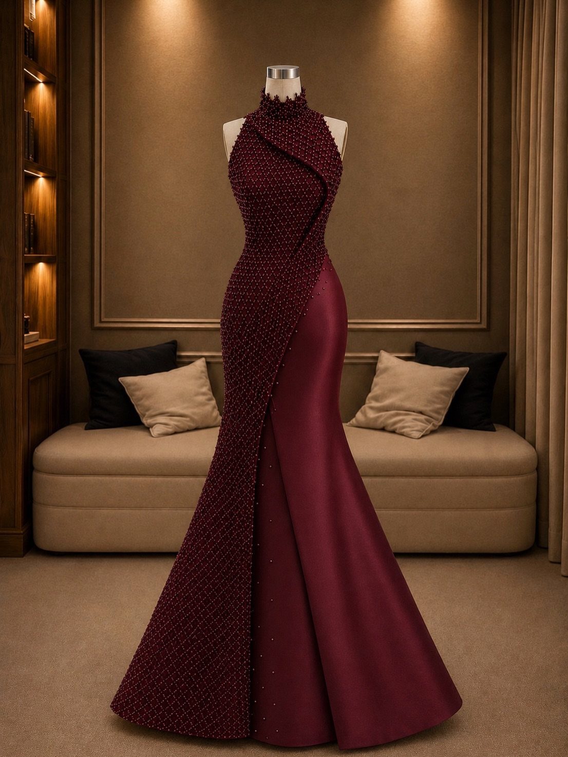 Burgundy evening gown with beading and satin on a mannequin in a luxury room