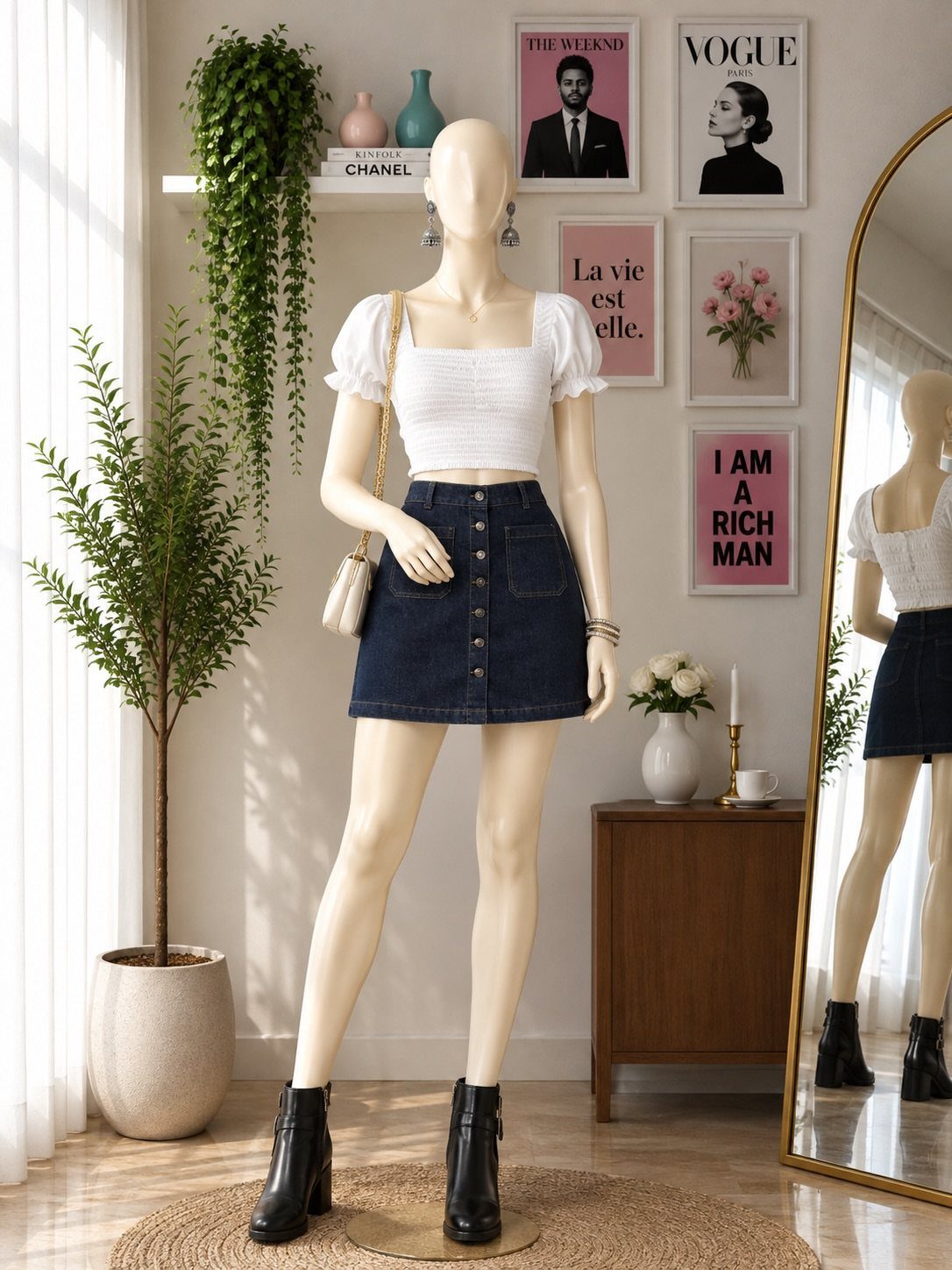 Mannequin wearing a white crop top and short blue denim skirt with black boots.