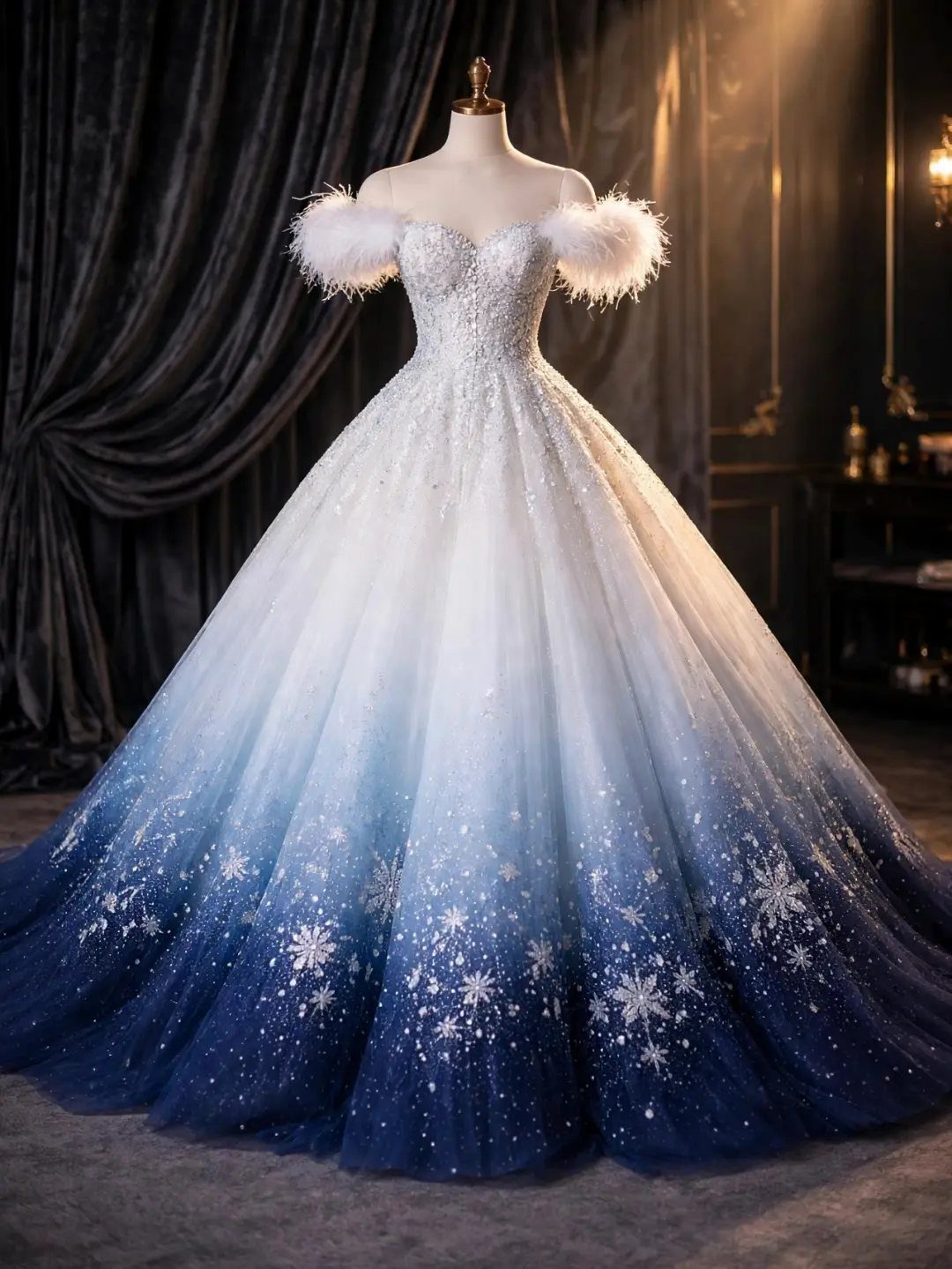 Blue and white gradient ball gown with snowflake patterns on a mannequin