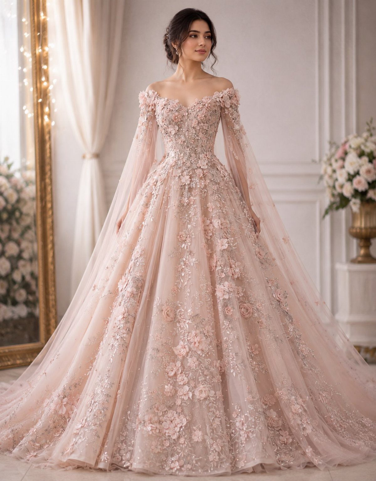 Woman in a blush pink ball gown with intricate 3D floral appliques throughout.