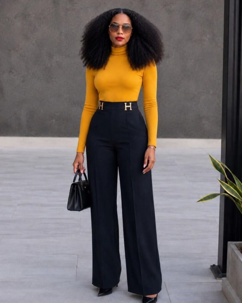 Woman wearing a mustard yellow turtleneck and wide-leg black work pants with a belt.