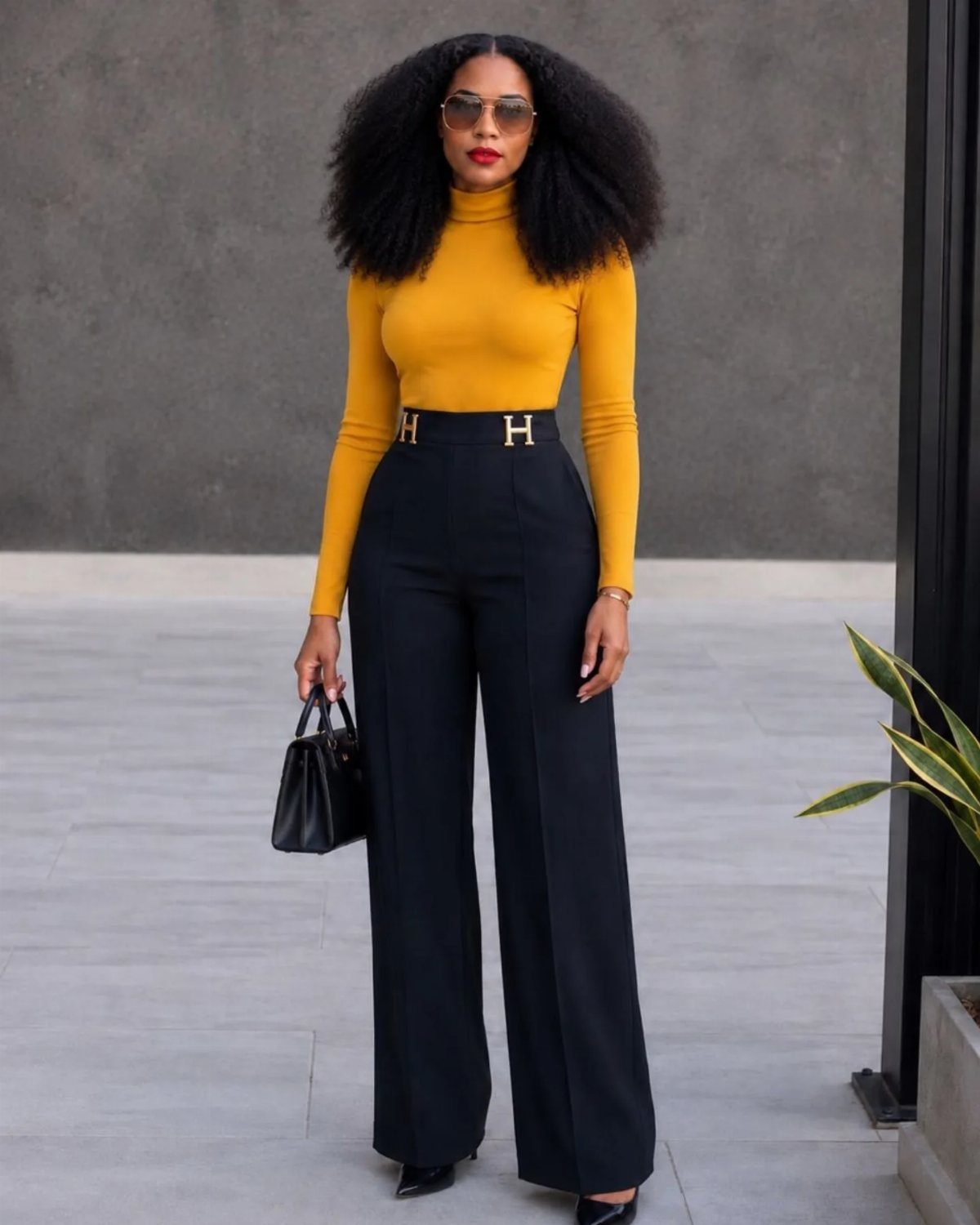 Woman wearing a mustard yellow turtleneck and wide-leg black work pants with a belt.